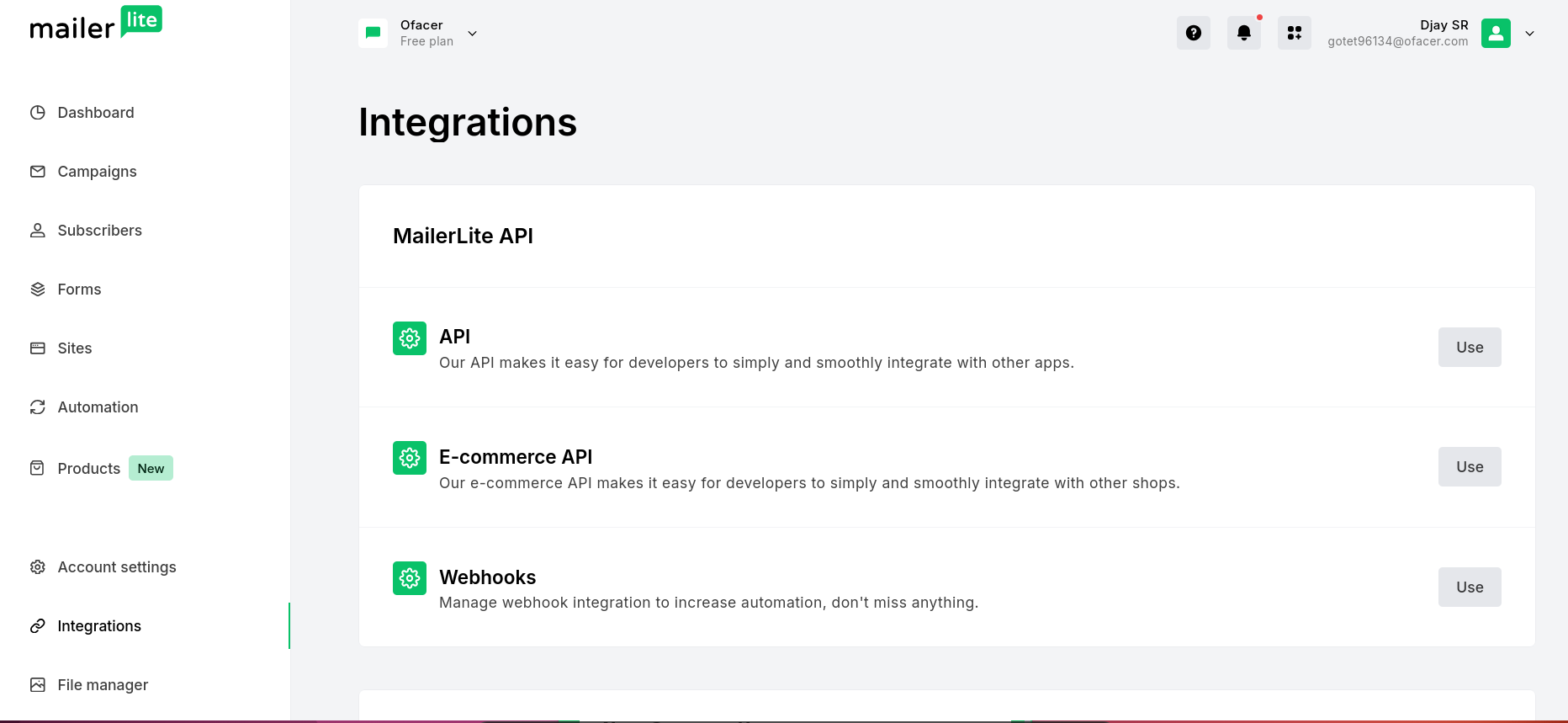 MailerLite integrations tab